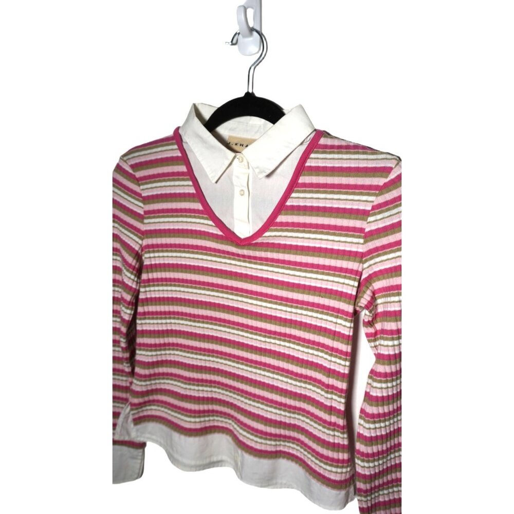 Y2K Layered Polo Long Sleeve Striped V-Neck 1/4 Button Down Pull Over Sweater